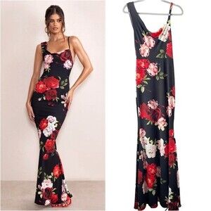 Club London Phantasy Black Floral Print Asymmetric Neckline Cowl Maxi Dress 6
